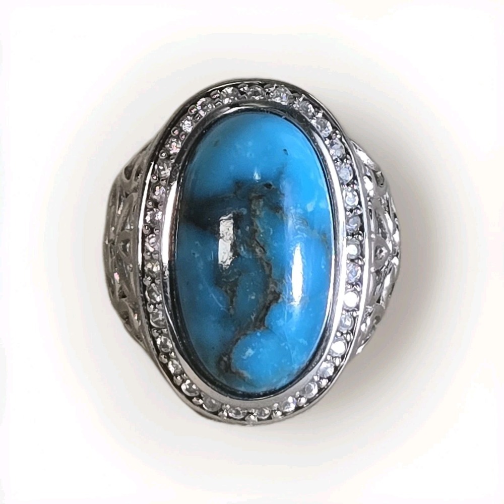 QVC Sterling Kingman Turquoise White Zircon Halo Silver Fillagree Ring Sz 8